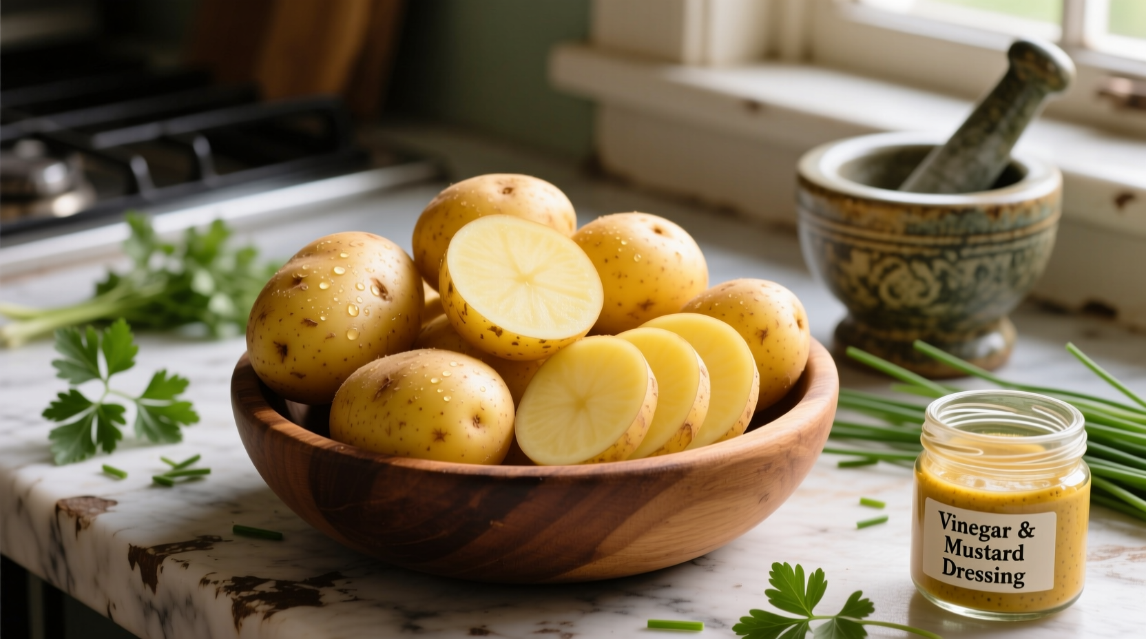 Yukon Gold potatoes sliced for potato salad