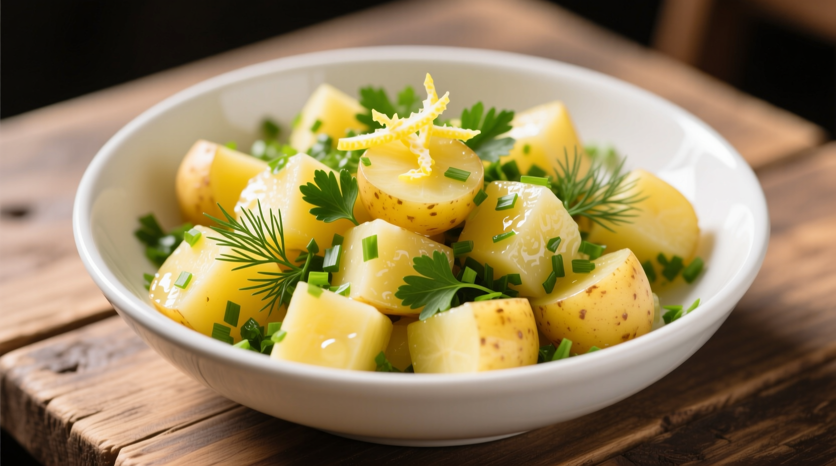 Fresh lemon potato salad with herbs in white bowl