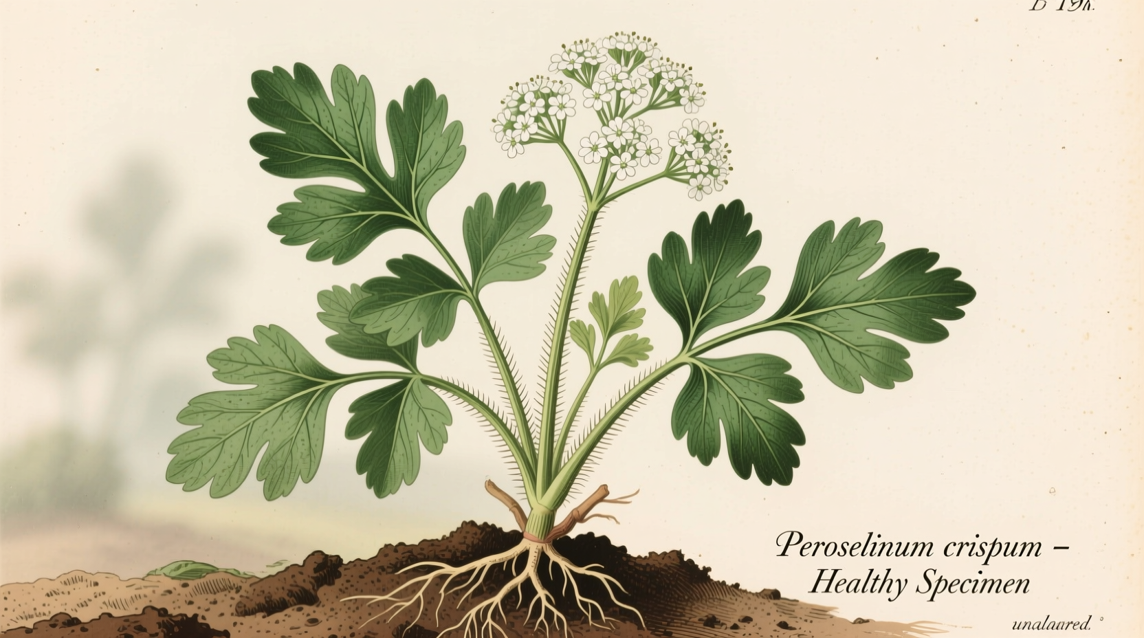 Parsley plant showing healthy leaves and flowering stem