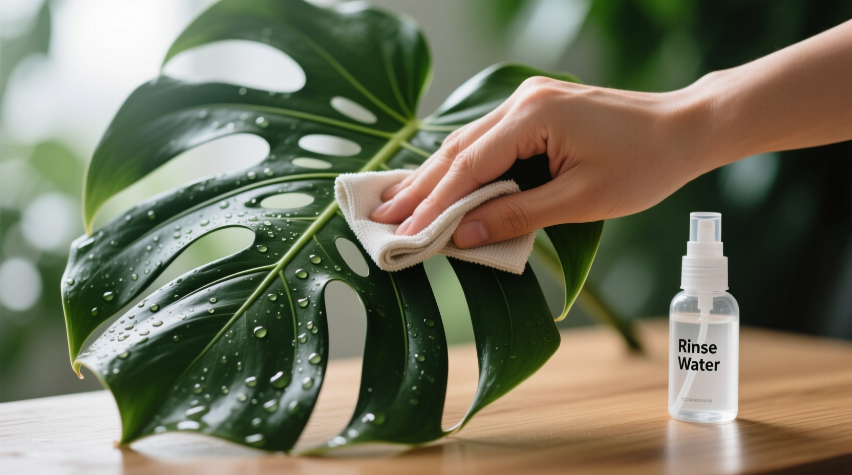 Close-up of a hand gently wiping the underside of a mature Monstera leaf with a folded, slightly damp microfiber cloth, with a small spray bottle labeled 'Rinse Water' visible nearby