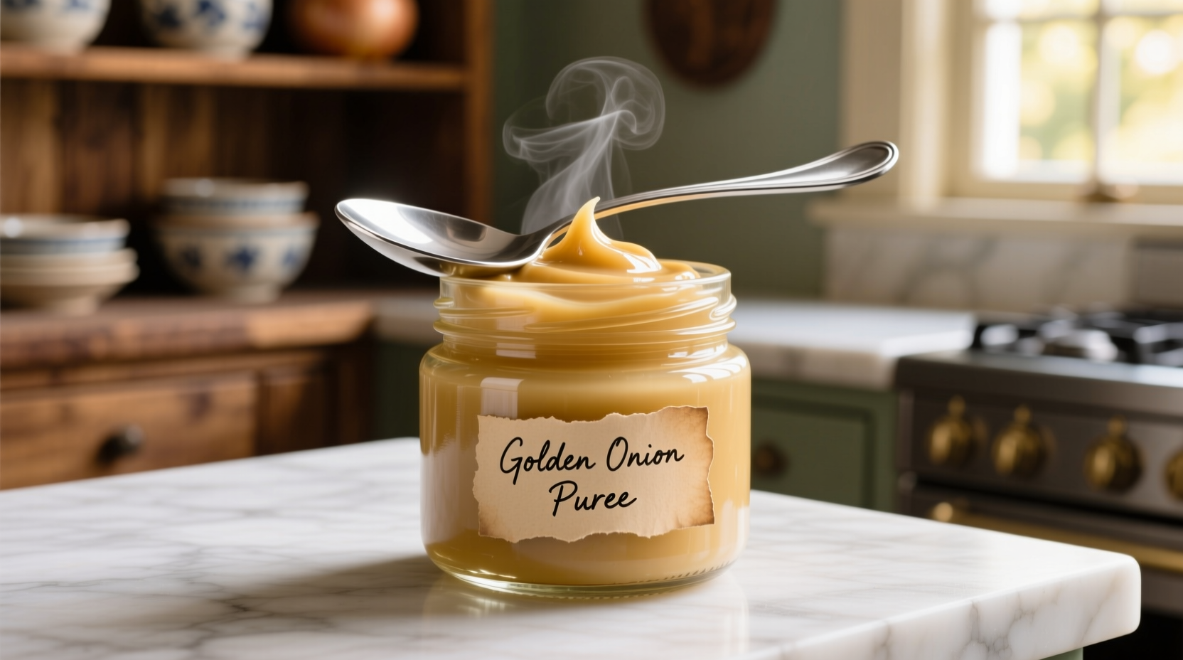 Smooth golden onion puree in glass jar with spoon
