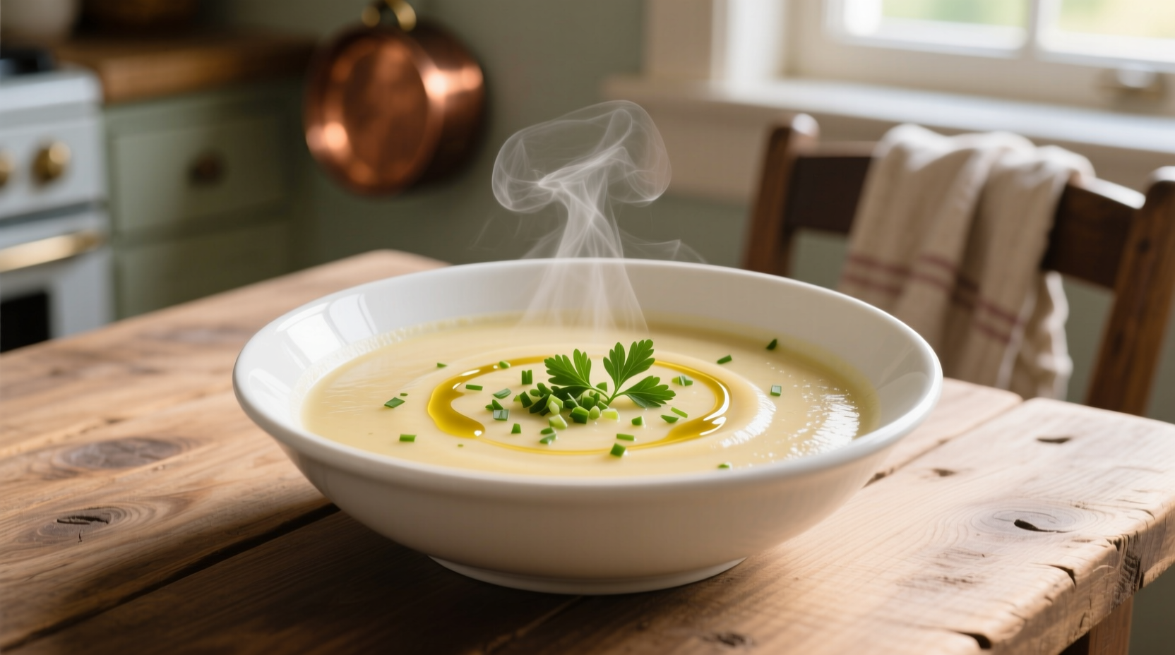Creamy vegetarian potato soup in white bowl showing texture
