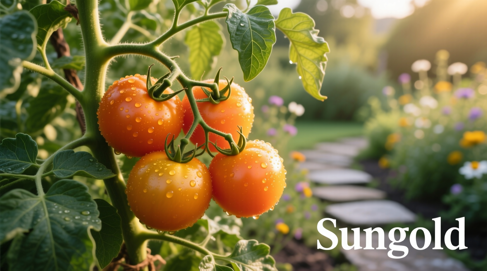 Golden orange Sungold tomatoes on vine with green leaves