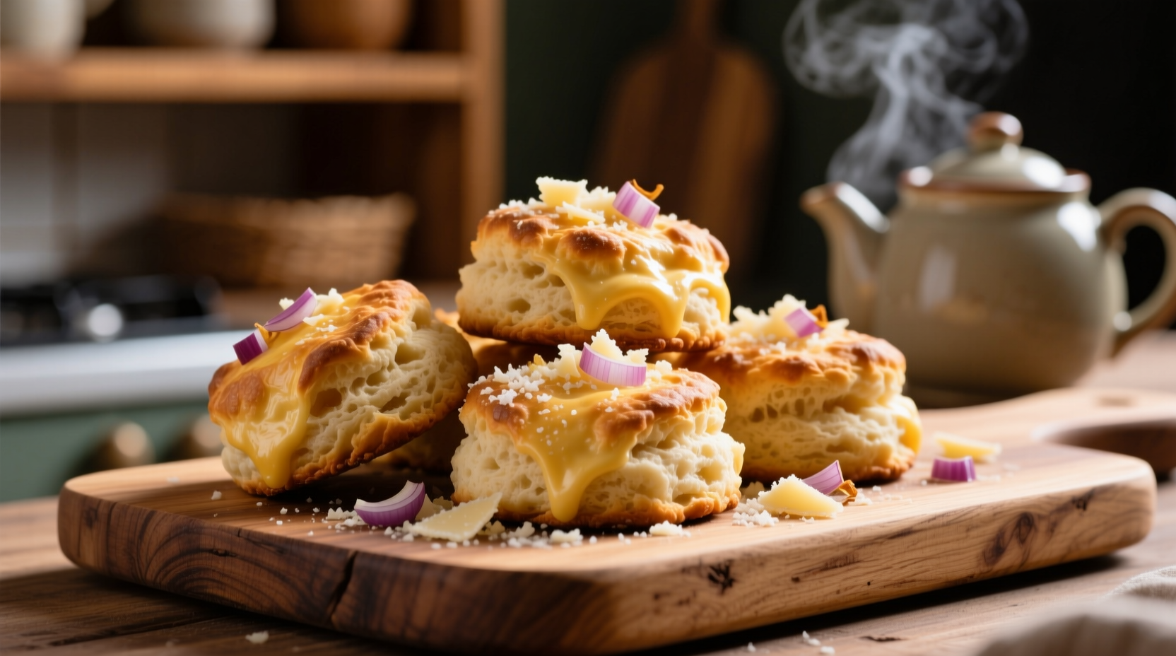 Savory cheese biscuits with onion flavoring on wooden board