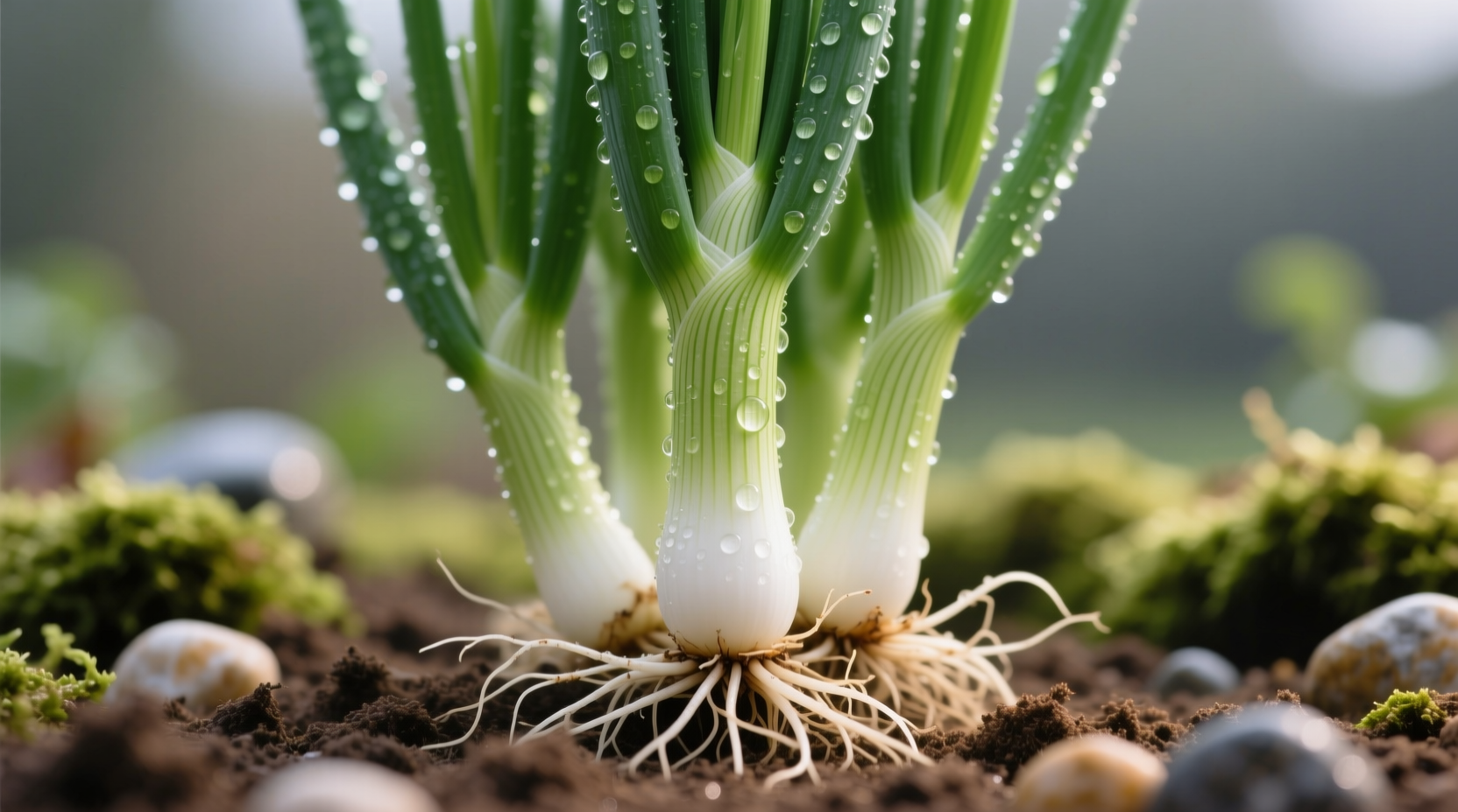Fresh scallions with white roots and green stalks