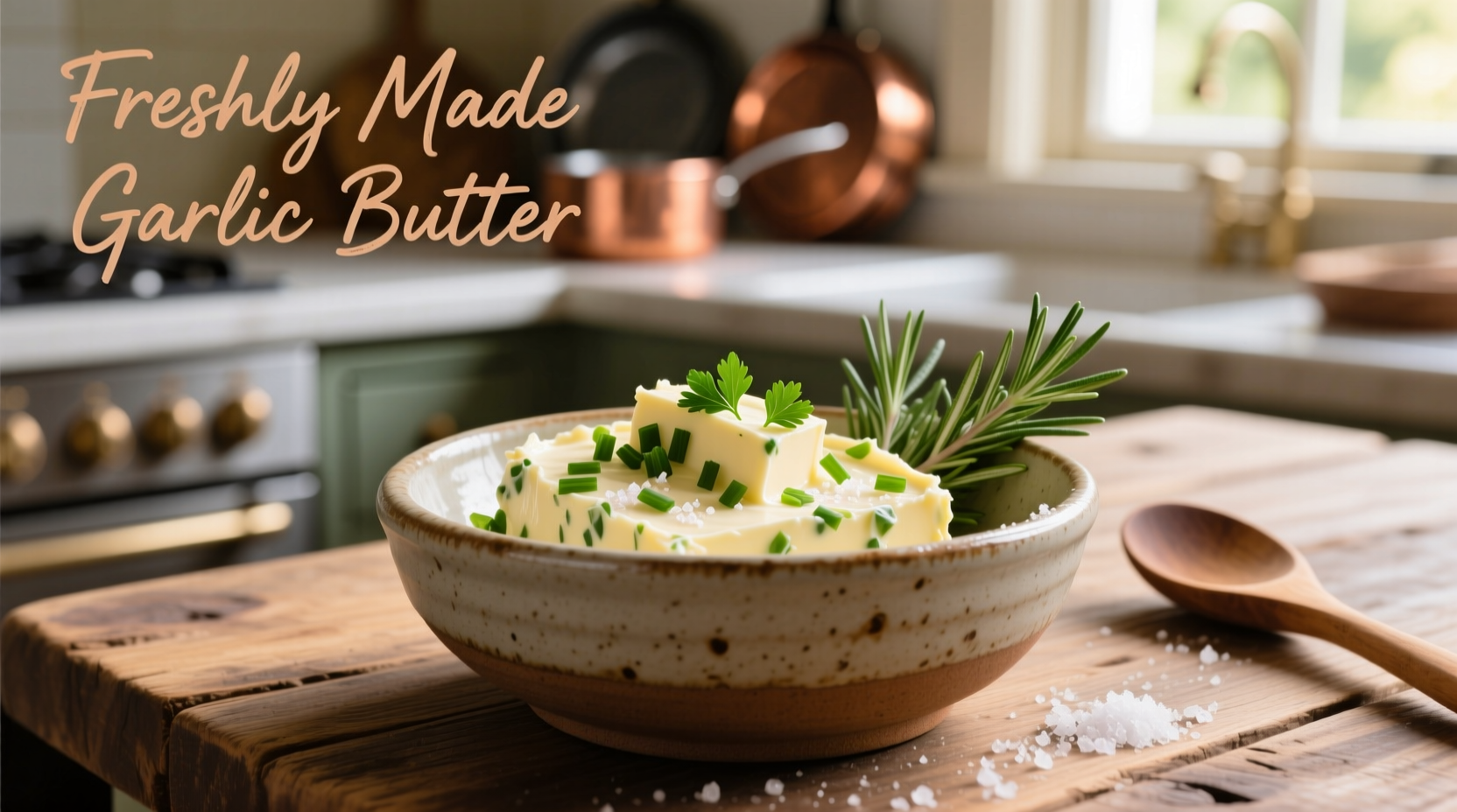 Homemade garlic butter in a ceramic bowl with fresh herbs