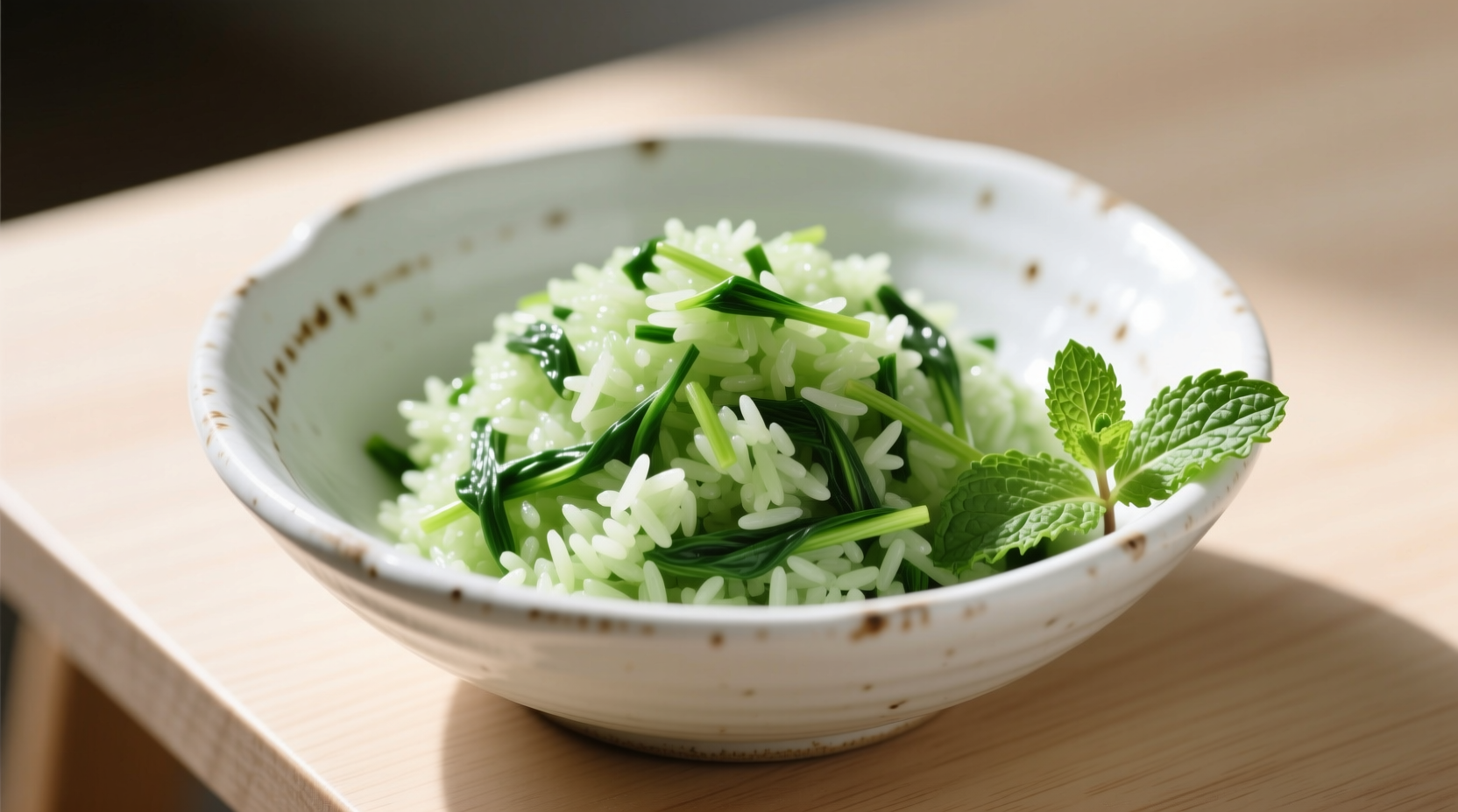 Vibrant green spinach rice in white ceramic bowl