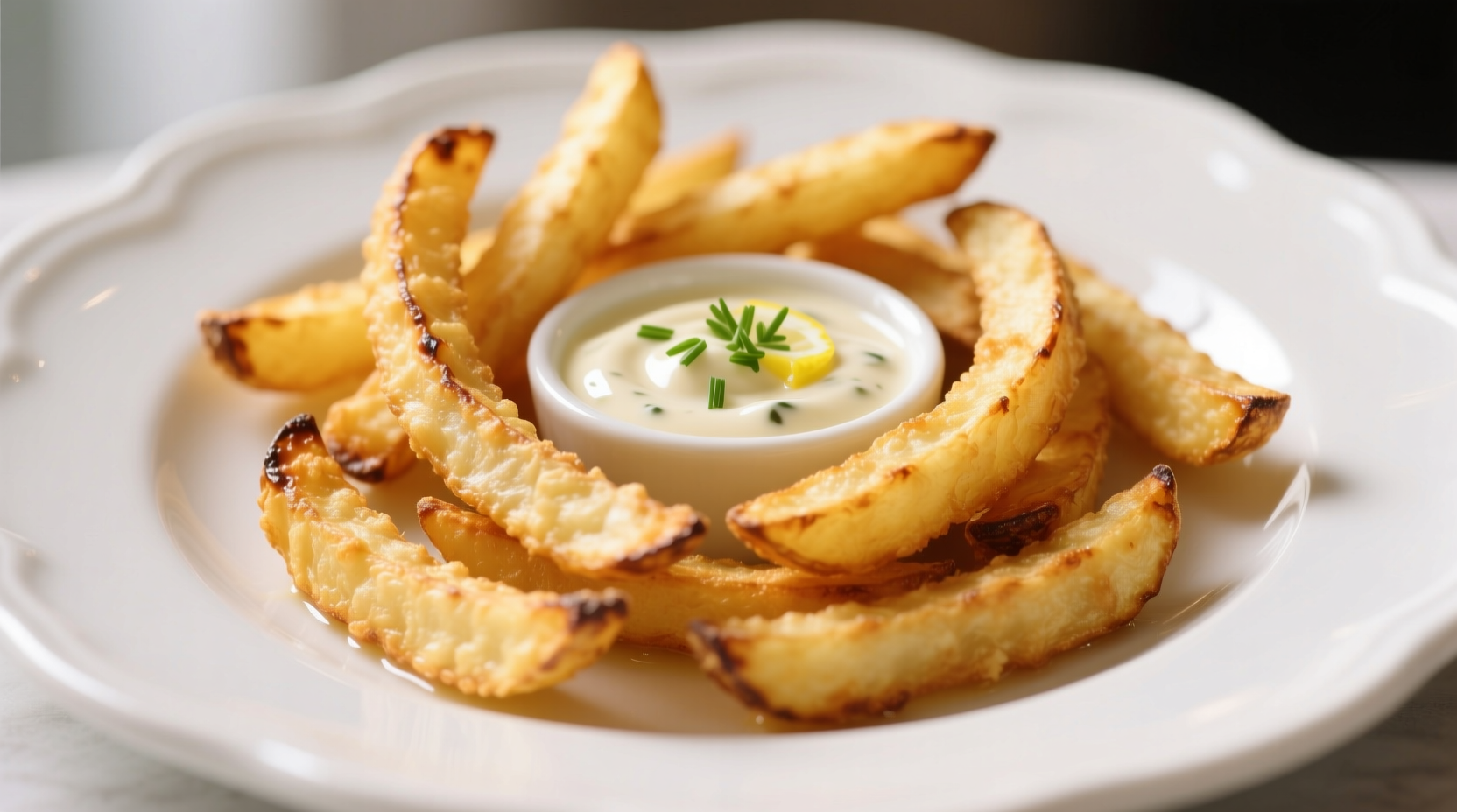 Crispy golden potato strings on white plate with dipping sauce