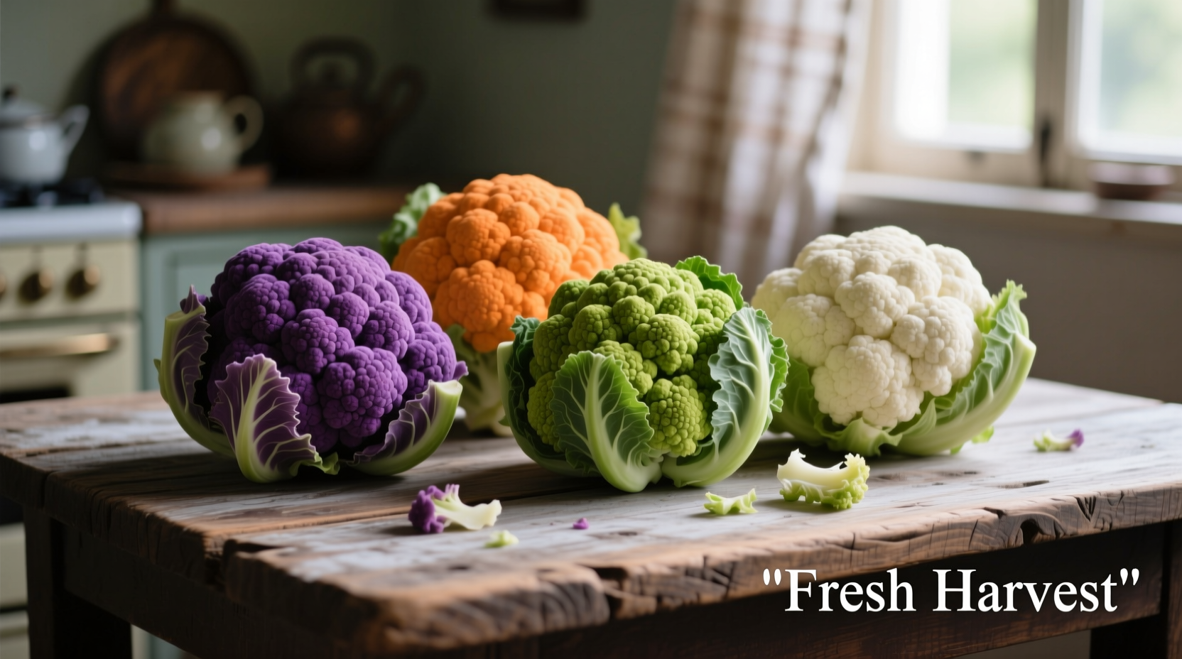 Four varieties of colored cauliflower on wooden table