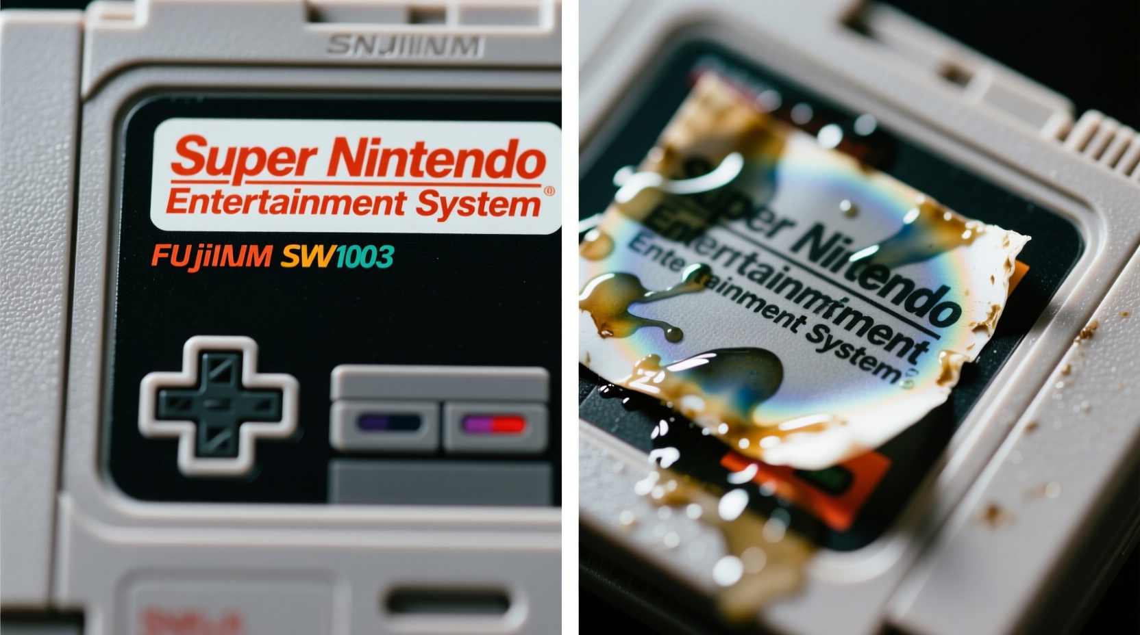 Close-up macro photograph showing proper microfiber cloth wiping a gray NES cartridge case in straight downward strokes, with visible absence of streaks, smudges, or label texture disruption