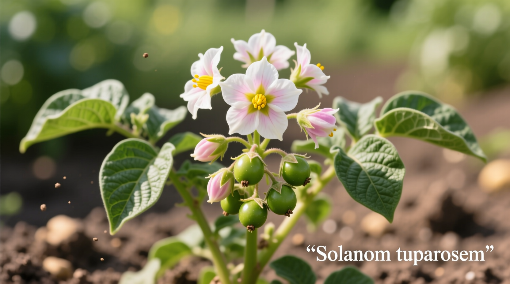 Potato plant showing flowers and small green berries