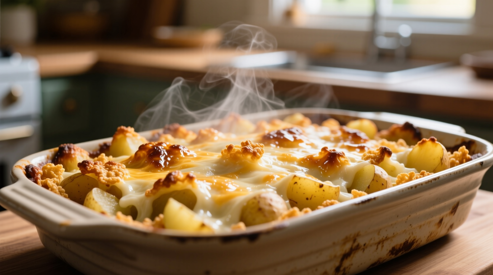 Golden cornflake potato casserole fresh from oven