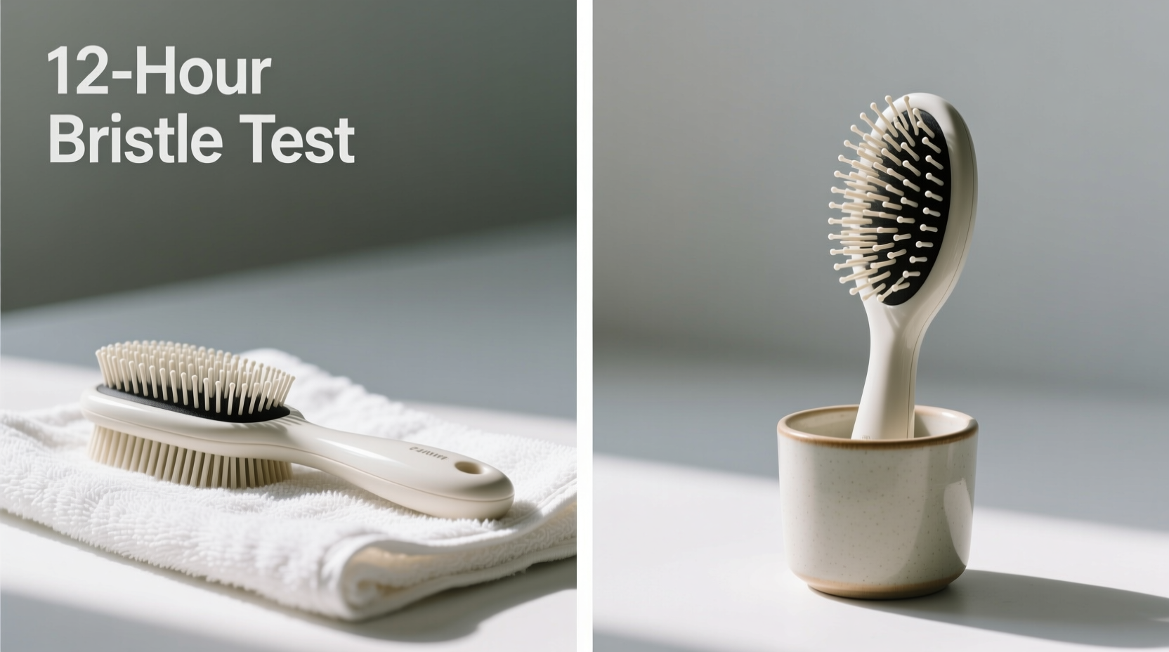 Side-by-side comparison: a pet grooming brush laid flat with bristles overhanging a towel edge versus one stored upright in a cup, showing visible bristle splay and curvature in the latter after 12 hours