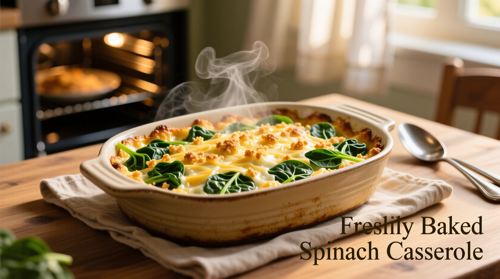 Golden spinach casserole fresh from oven