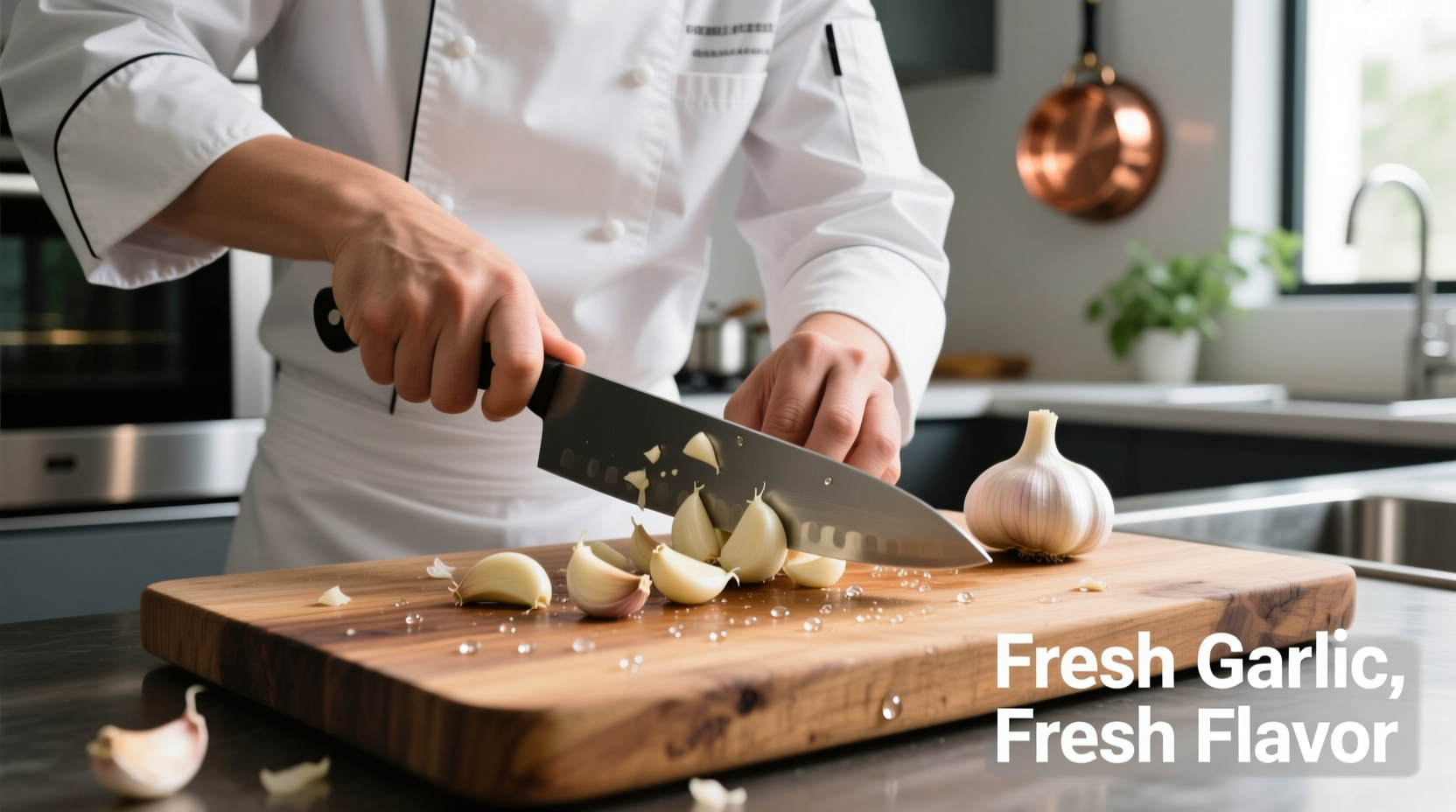 Professional chef chopping fresh garlic cloves on wooden cutting board