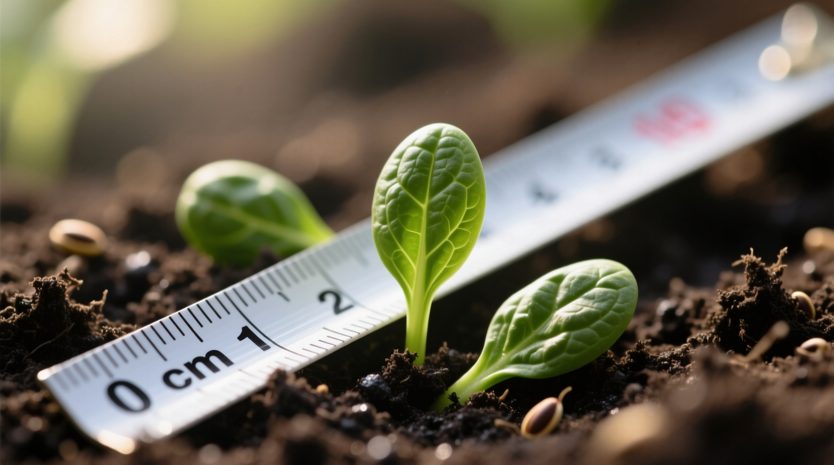 Close-up of spinach seeds in soil with measuring tape