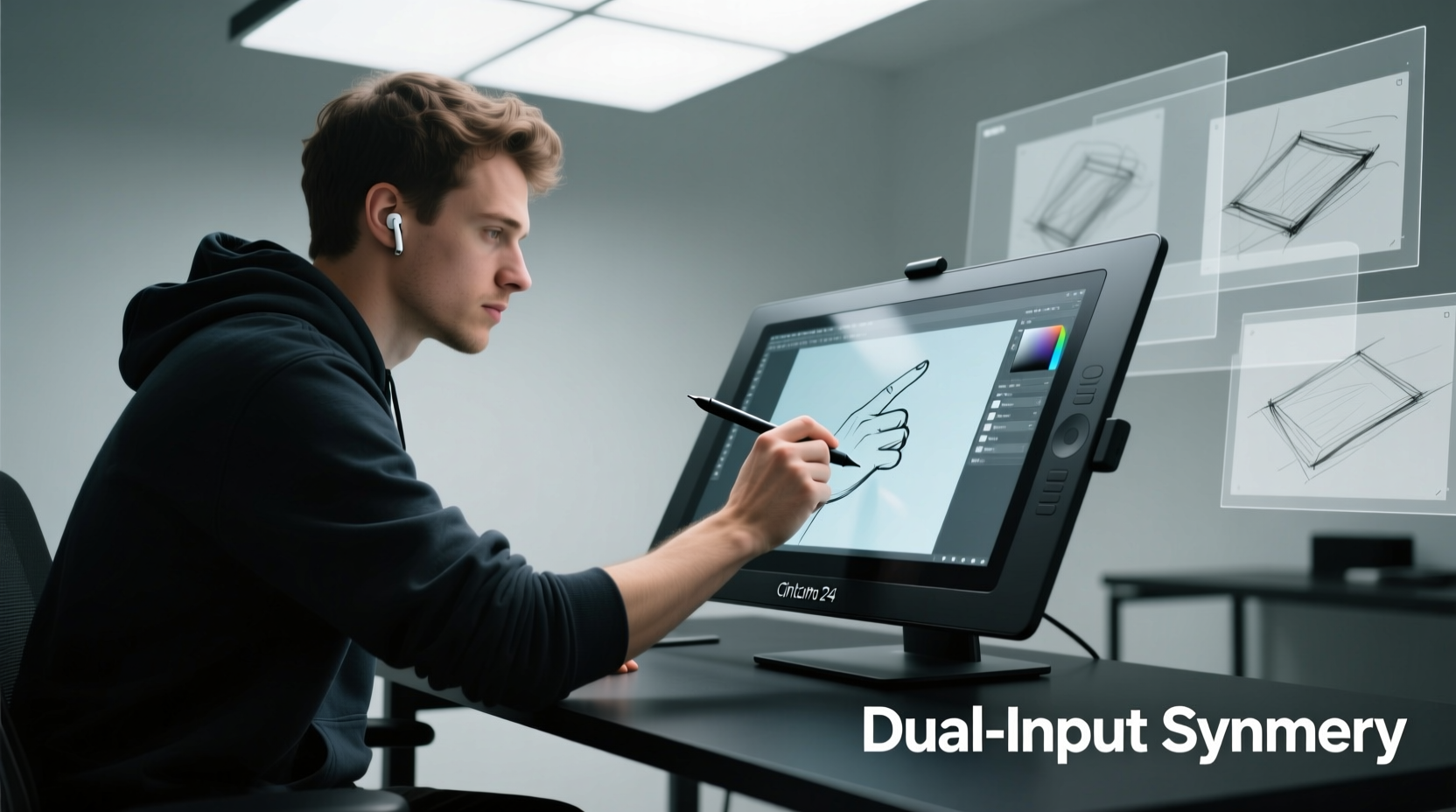 A left-handed digital artist using a Wacom Cintiq Pro 24 with stylus in hand and fingers lightly touching the screen to adjust layer opacity and rotate canvas—dual-input synergy in action