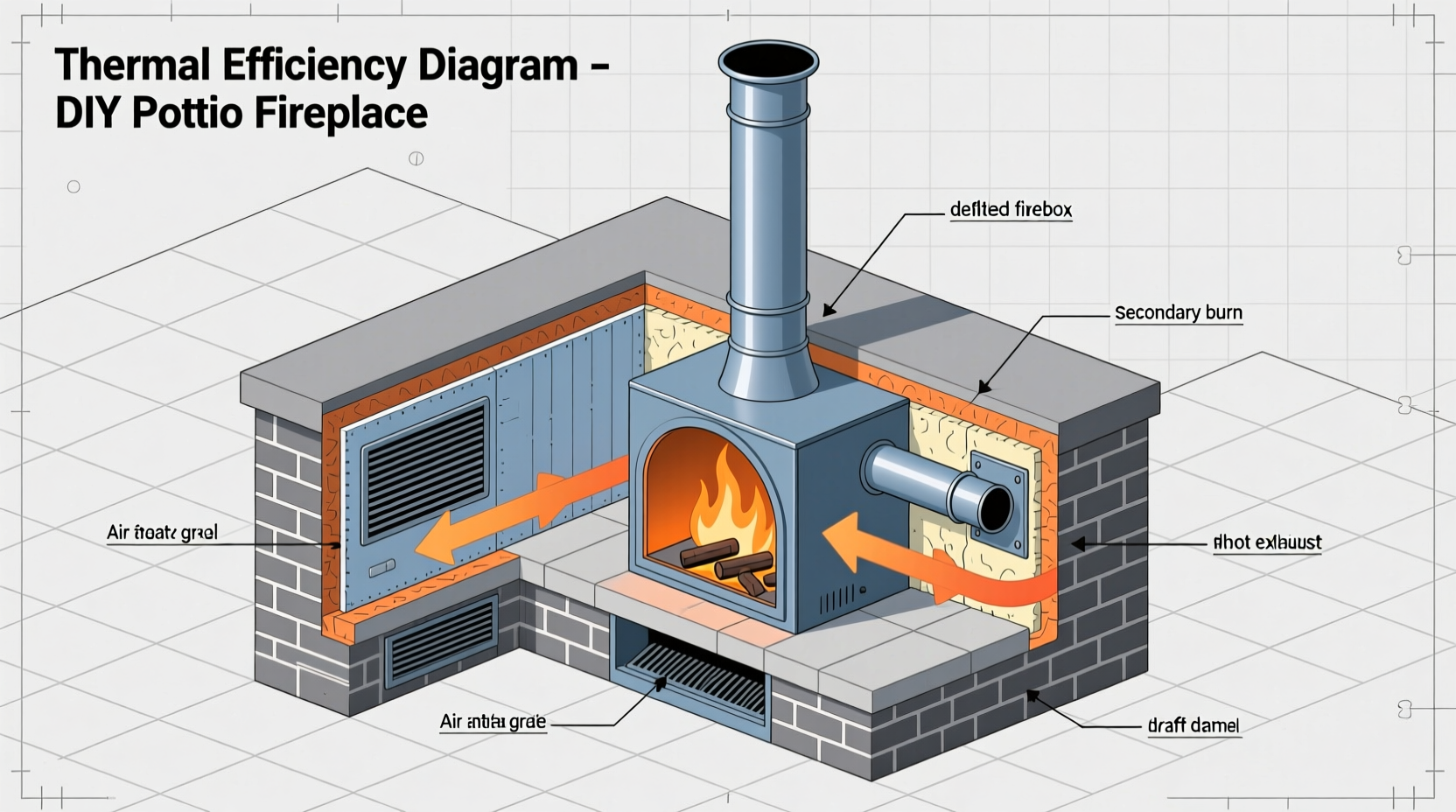 DIY patio fireplace thermal efficiency diagram showing airflow