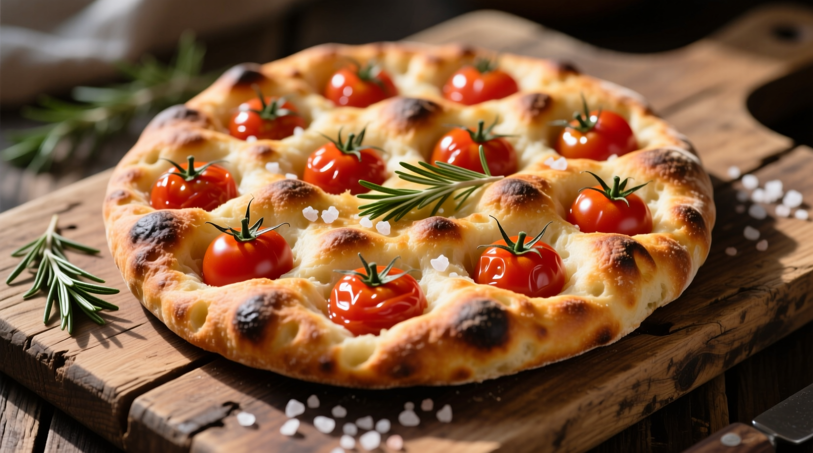 Fresh tomato focaccia bread on wooden board