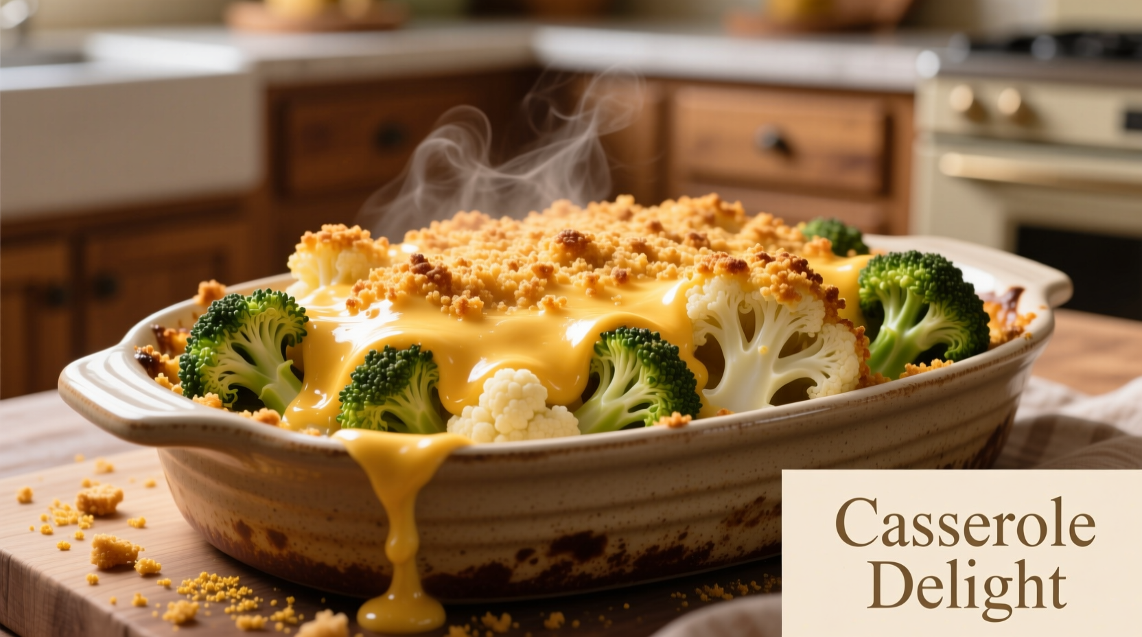 Golden broccoli cauliflower casserole with melted cheese and crispy topping