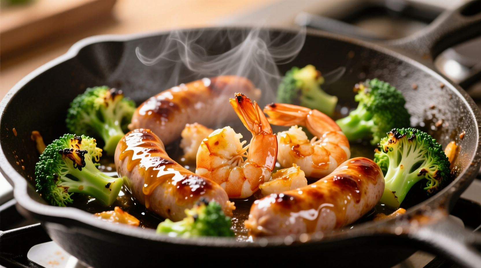 Honey garlic shrimp sausage with broccoli in skillet