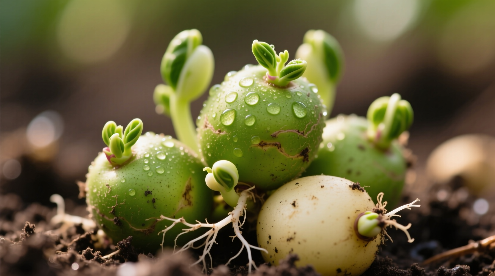 Close-up of sprouted potatoes with green skin
