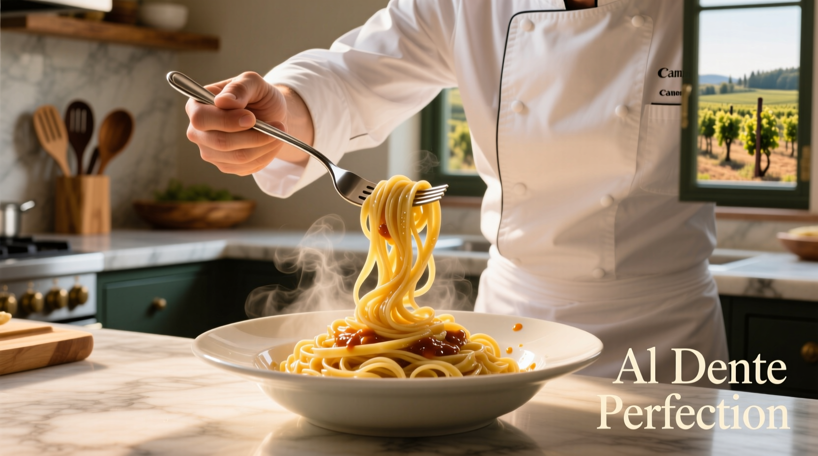Chef testing fettuccine texture with fork