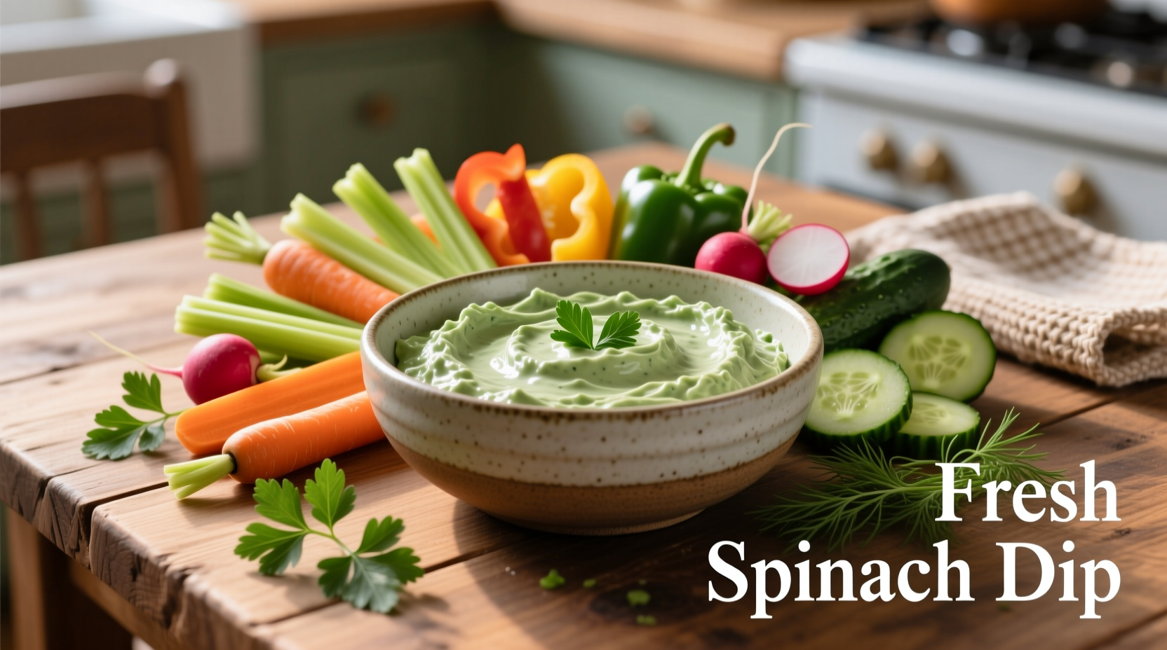 Creamy fresh spinach dip in ceramic bowl with vegetable dippers