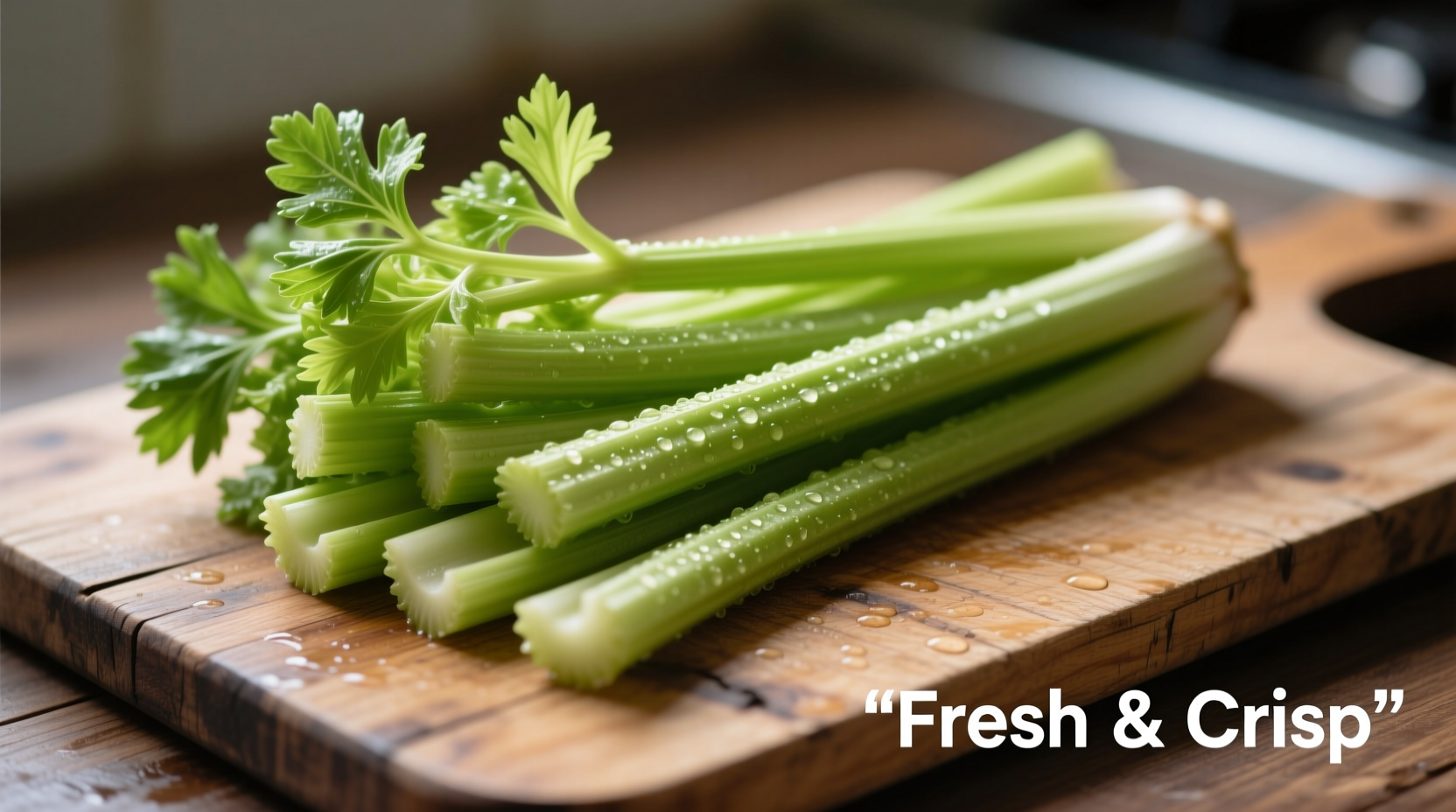 Fresh celery stalks on wooden cutting board