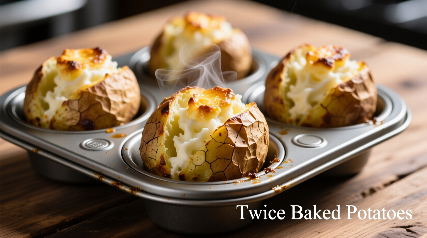 Twice baked potatoes in muffin tin with golden tops