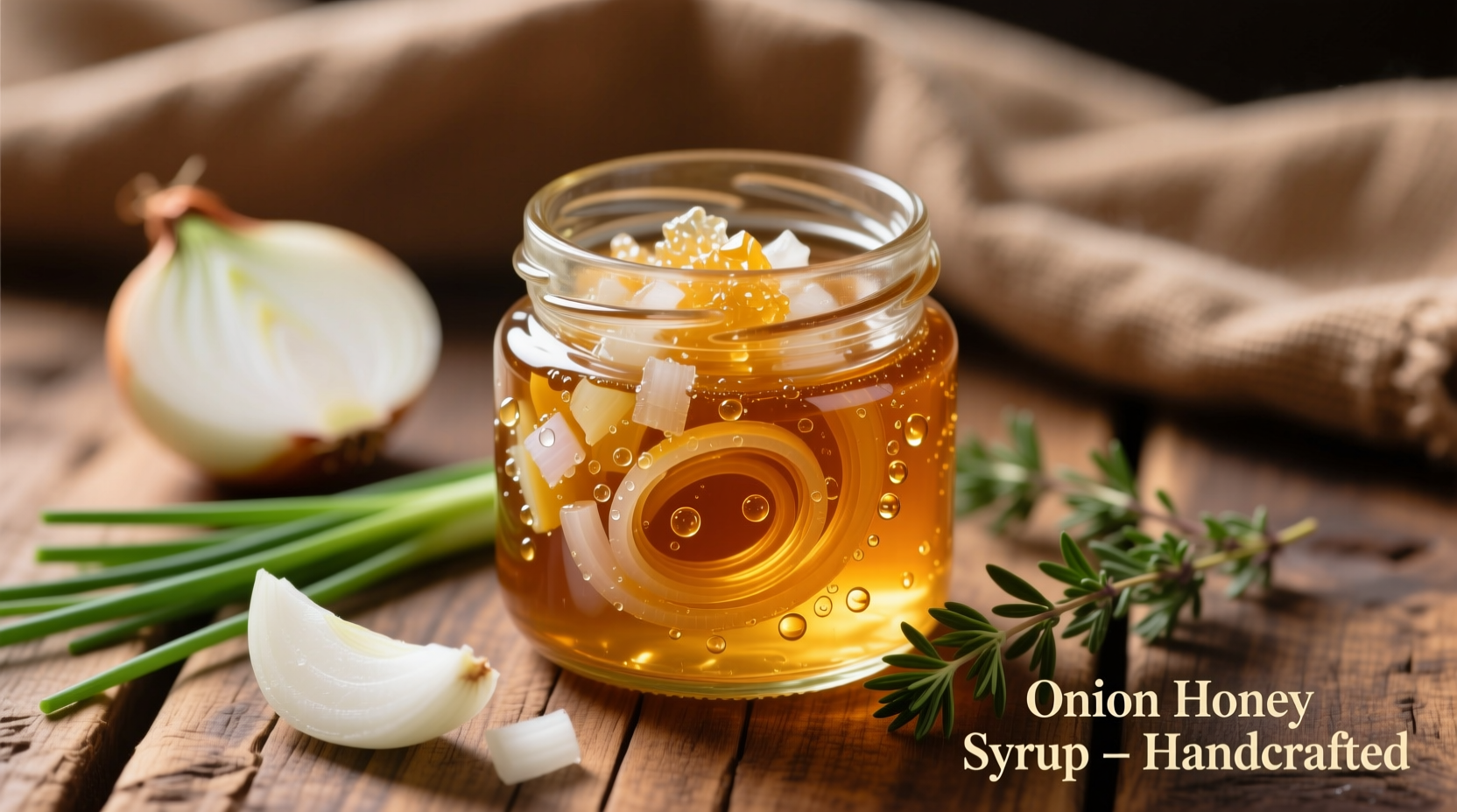 Onion honey syrup in glass jar with fresh ingredients