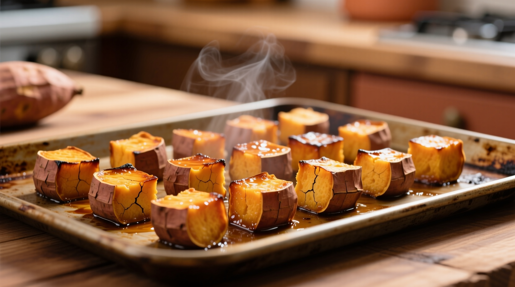 Perfectly roasted sweet potato cubes on baking sheet