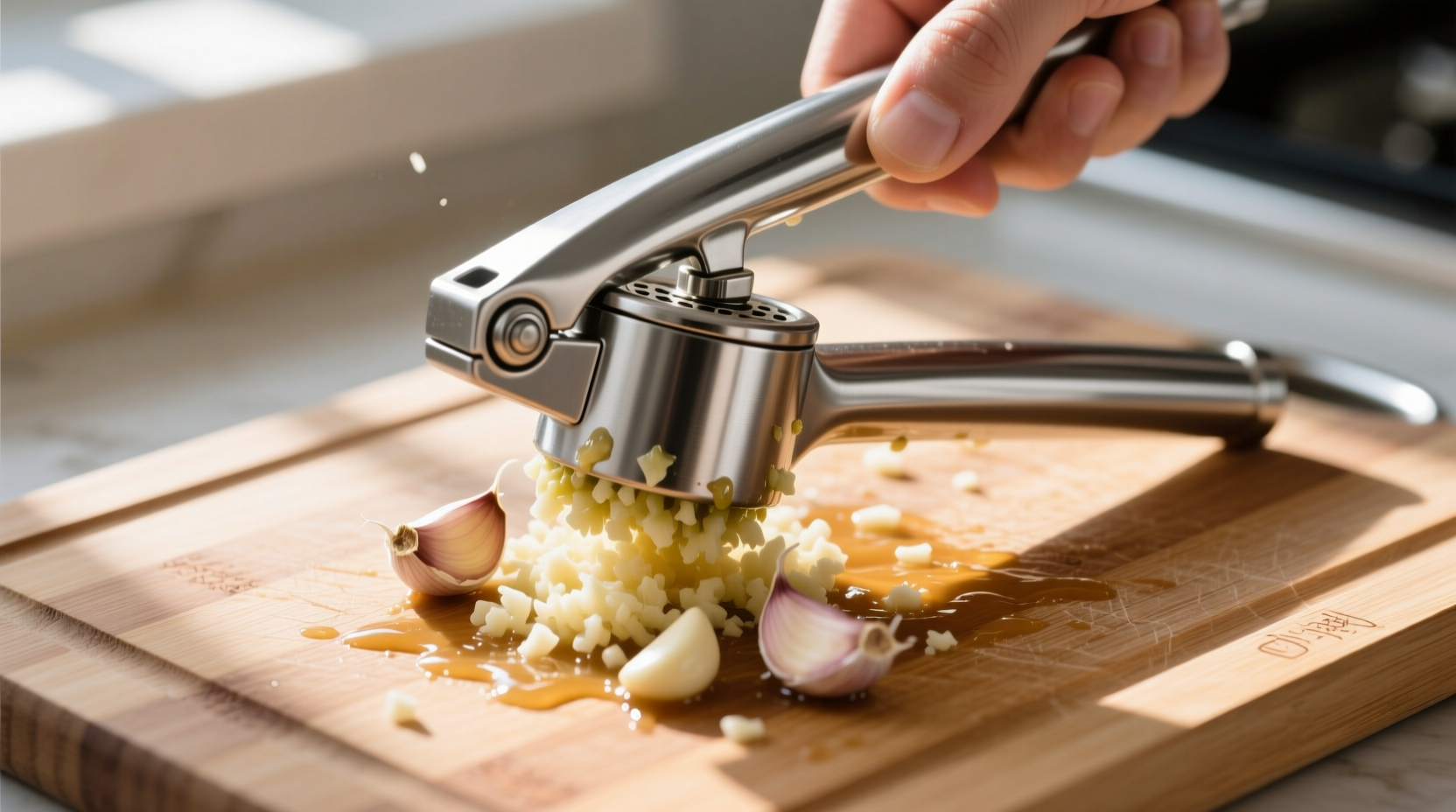 Garlic press rocker in action on cutting board