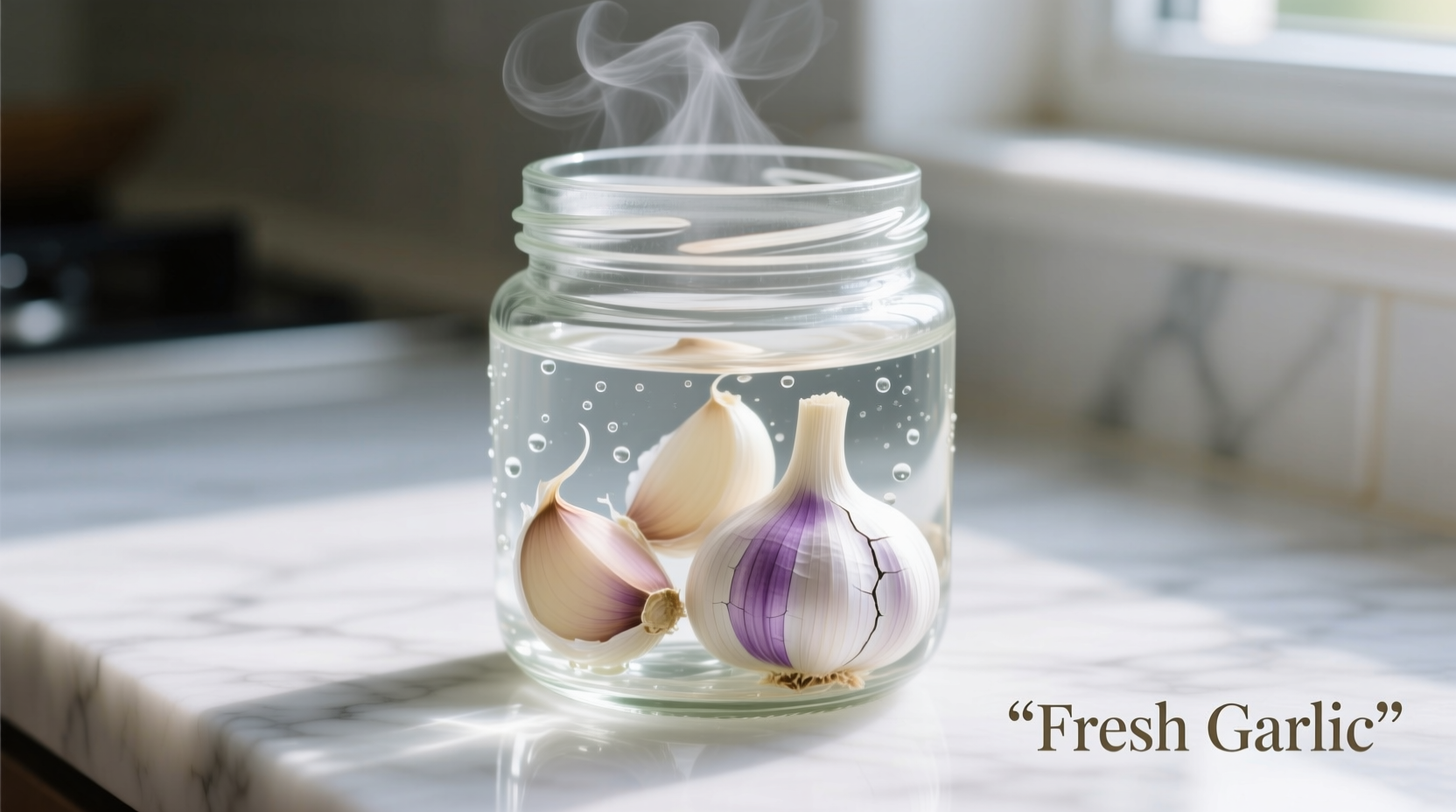 Fresh garlic cloves steeping in clear glass of water