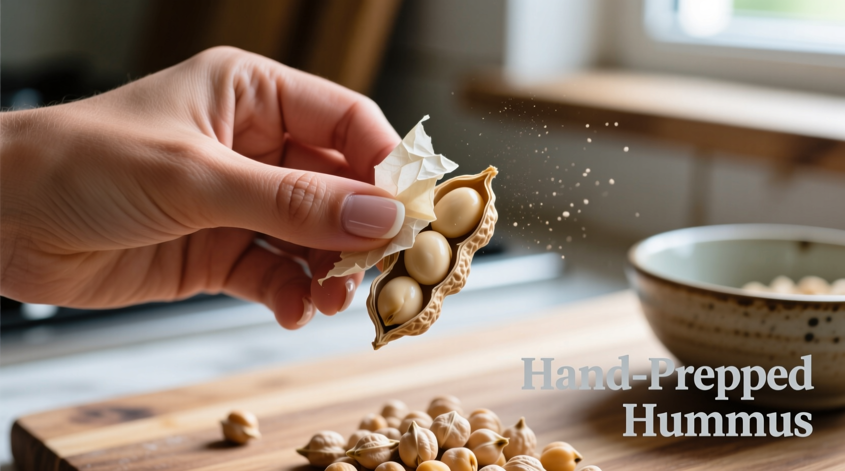 Hand peeling chickpea skins for smooth hummus texture