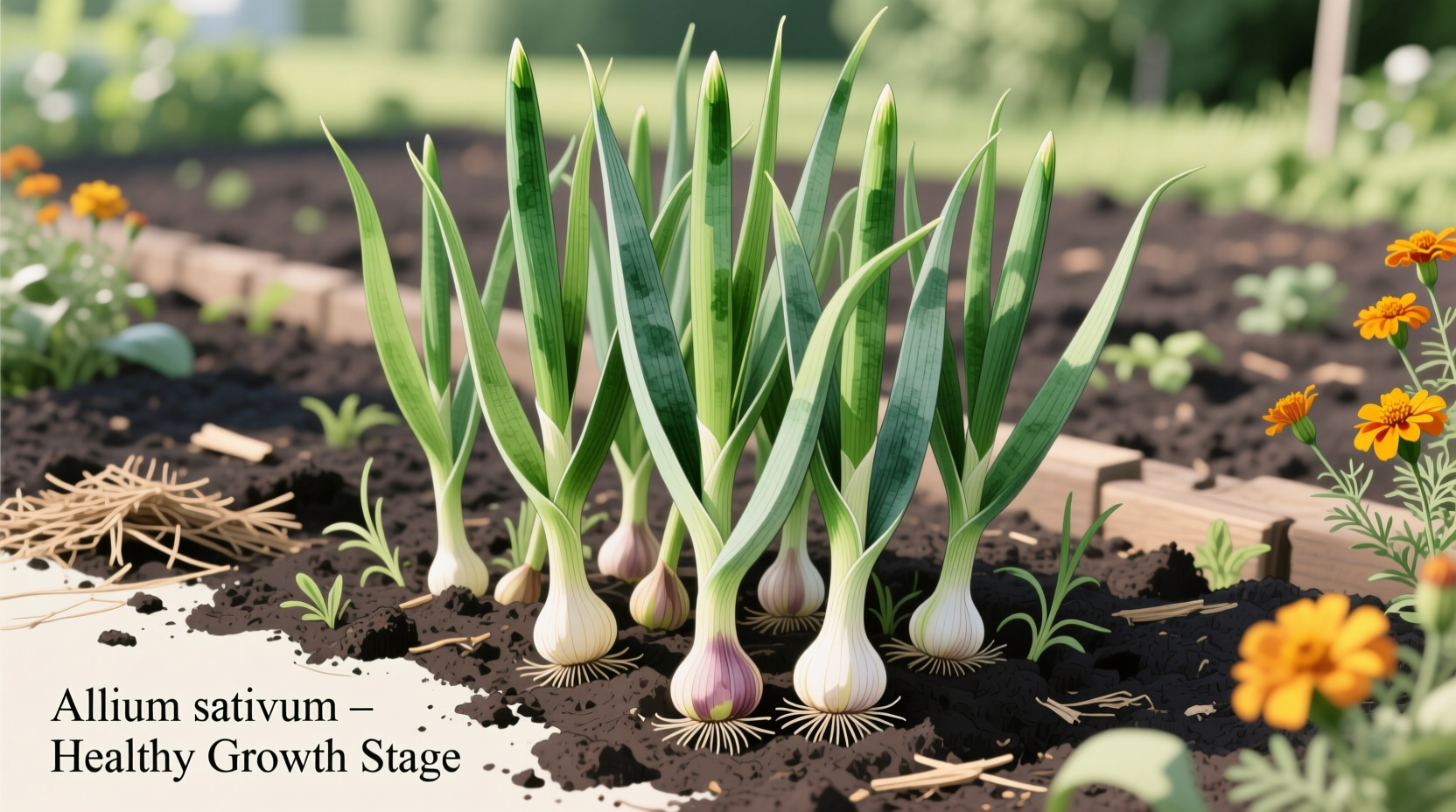 Garlic plants growing in garden with healthy green shoots