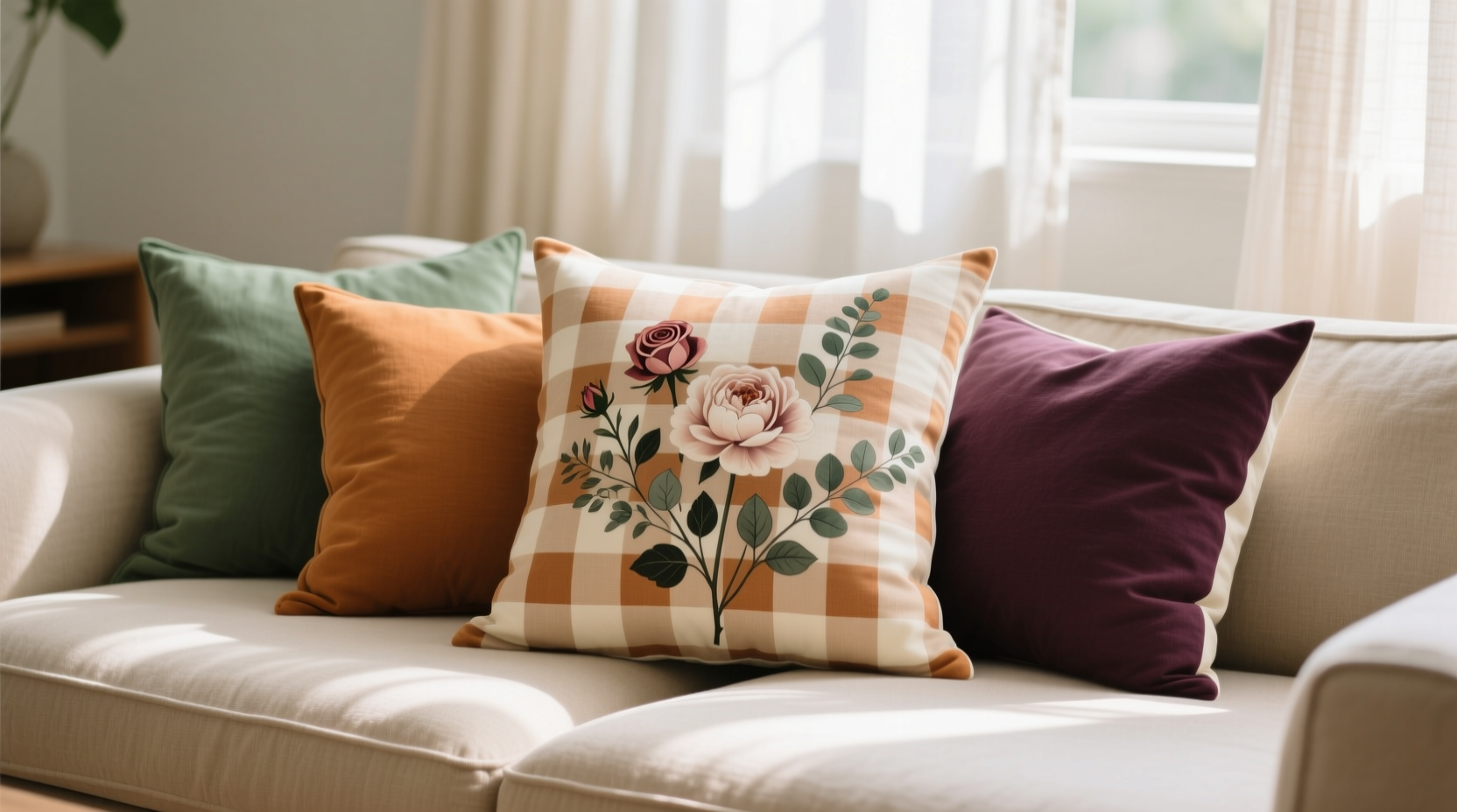 creative ways to style floral pillows with checkered patterns for a balanced look