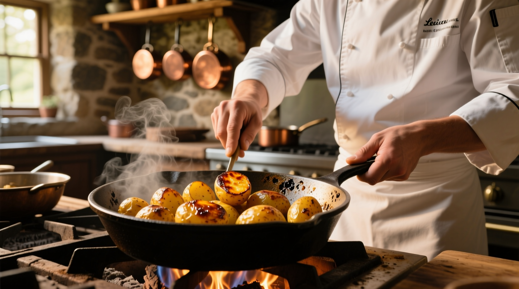 Chef preparing golden roasted potatoes in cast iron skillet