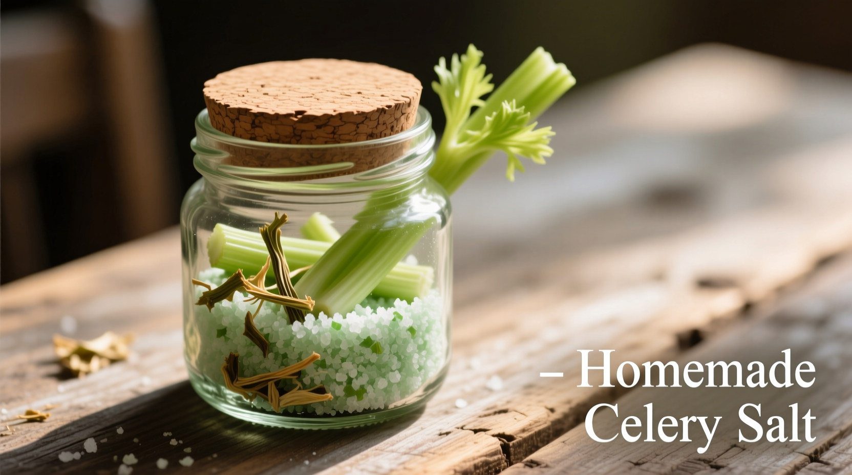 Homemade celery salt in glass jar with celery stalks