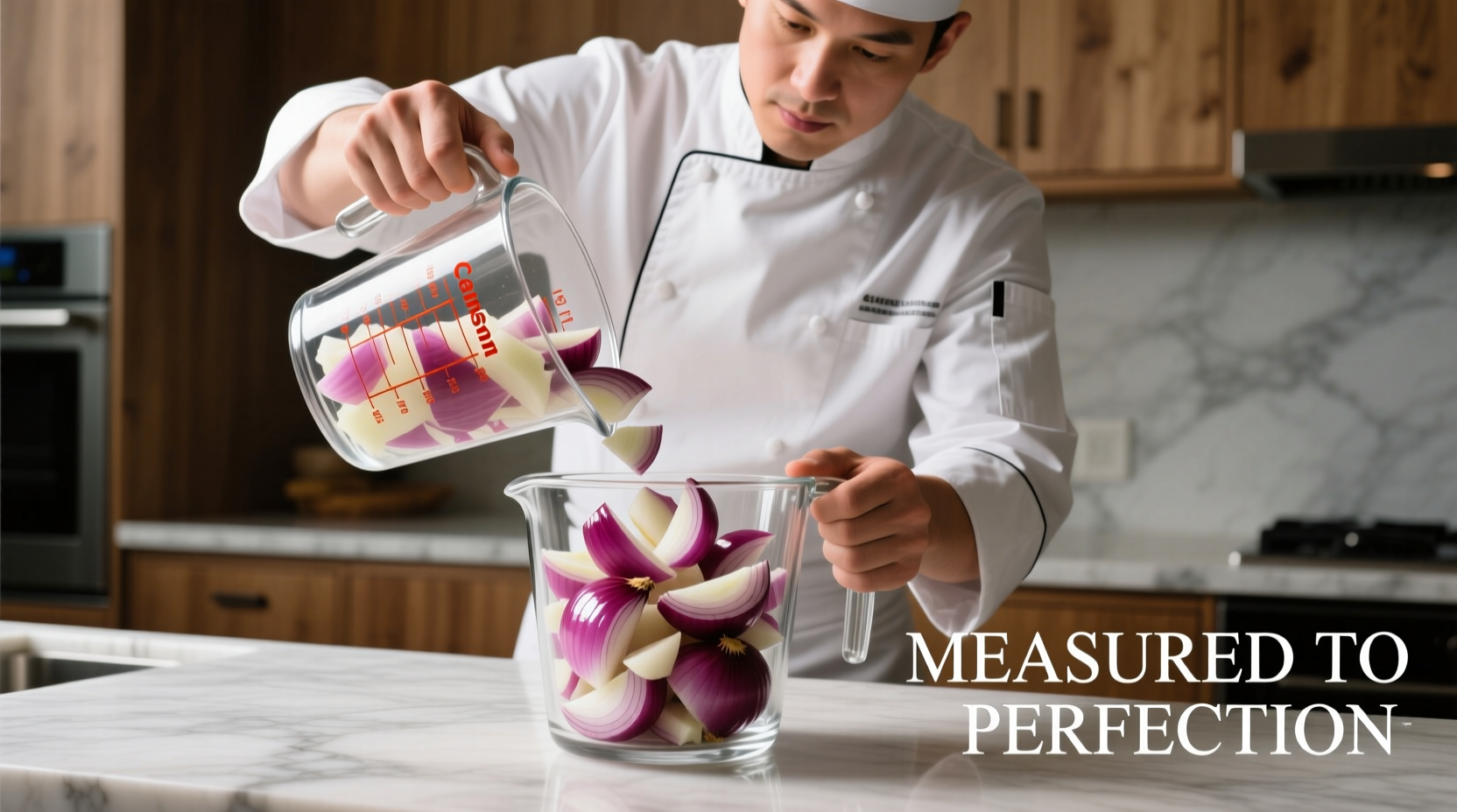 Chef measuring chopped giant onion in measuring cup