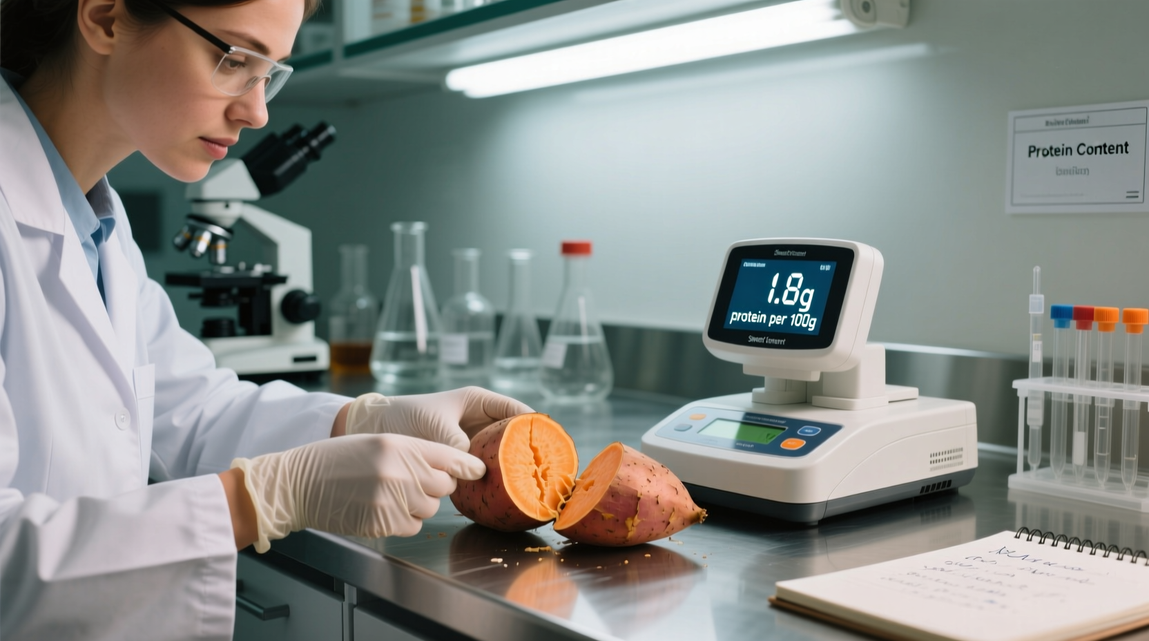 Nutritionist measuring protein content in sweet potatoes