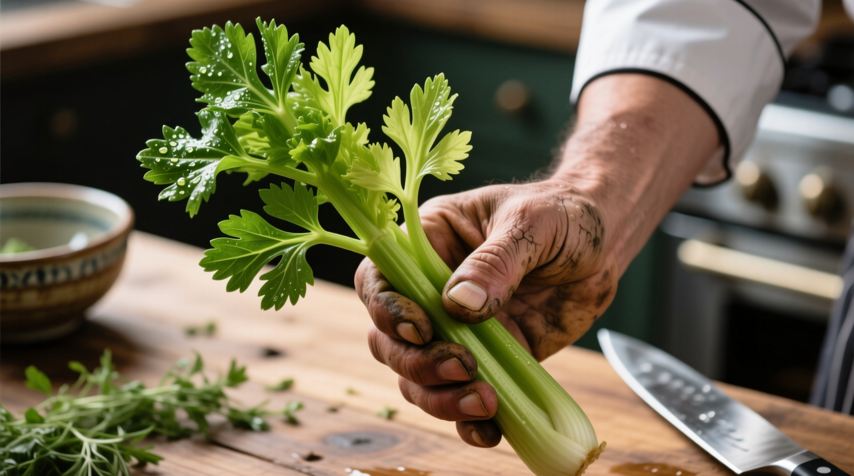Fresh celery leaves in a chef's hand