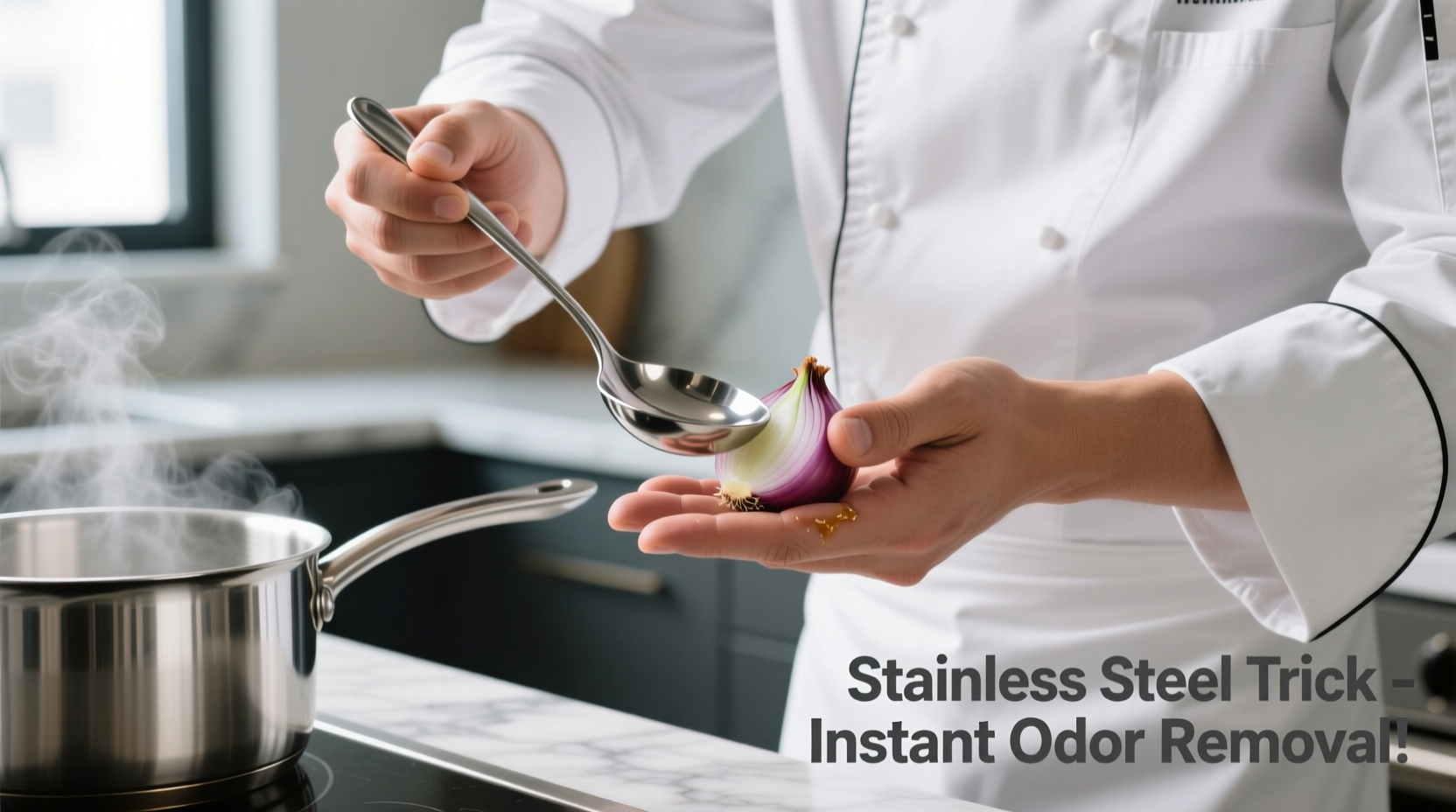 Chef demonstrating stainless steel method for removing onion smell