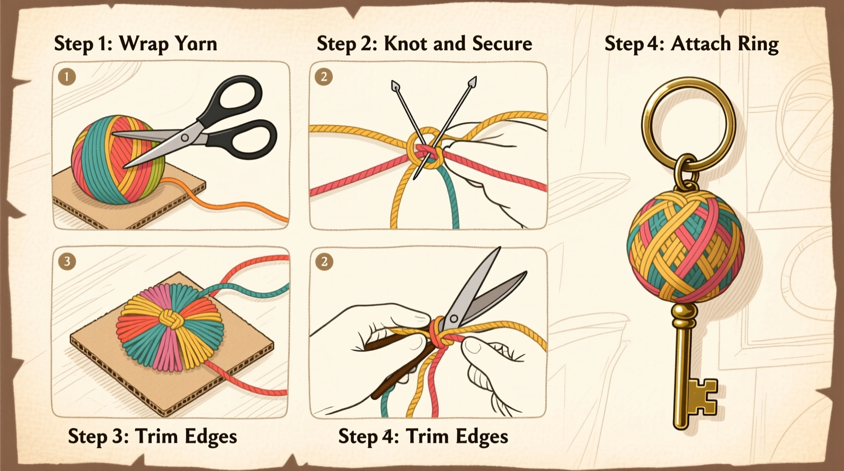 step by step guide to crafting a beautiful woven tassel ball keychain at home