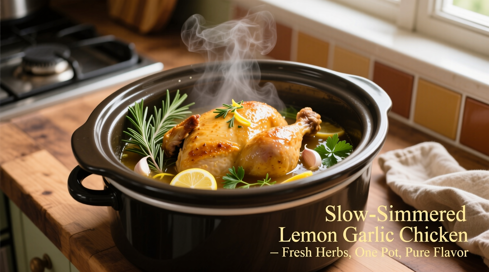 Lemon garlic chicken in crock pot with fresh herbs