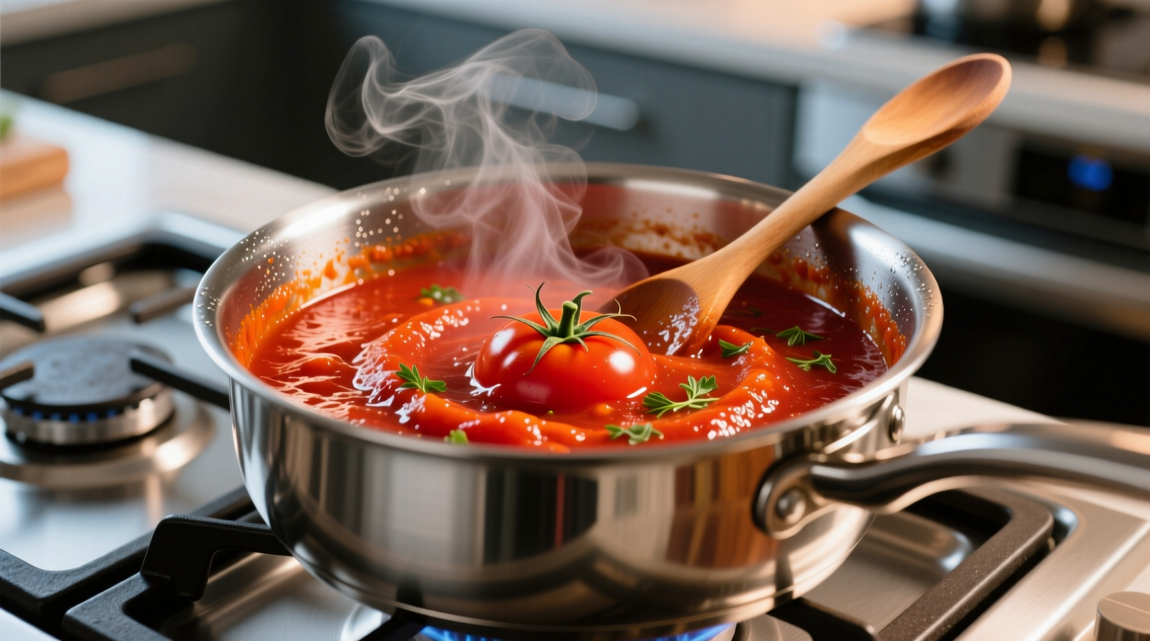 Vibrant red tomato sauce simmering in stainless steel pot