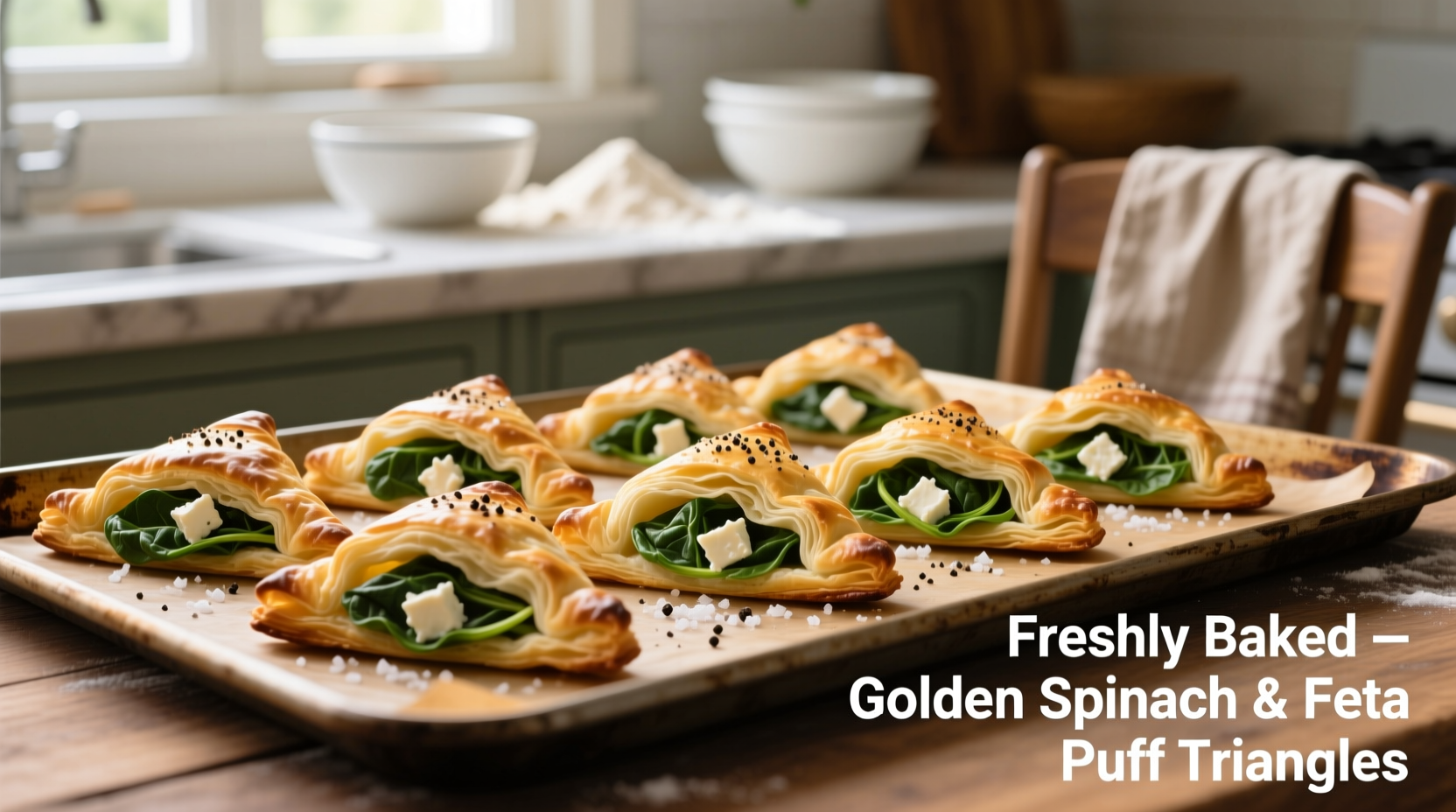 Golden spinach feta cheese puff pastry triangles on baking sheet
