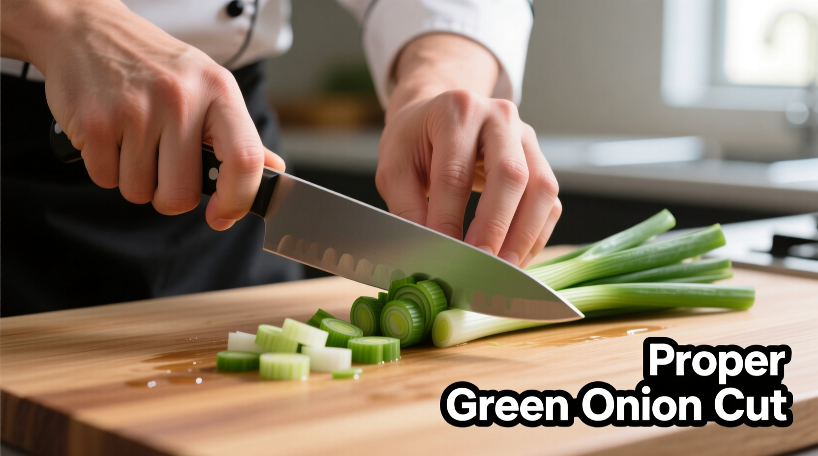 Chef's hands demonstrating proper green onion cutting technique