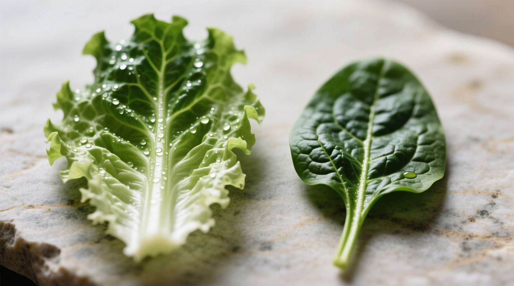 Side-by-side comparison of romaine lettuce and fresh spinach