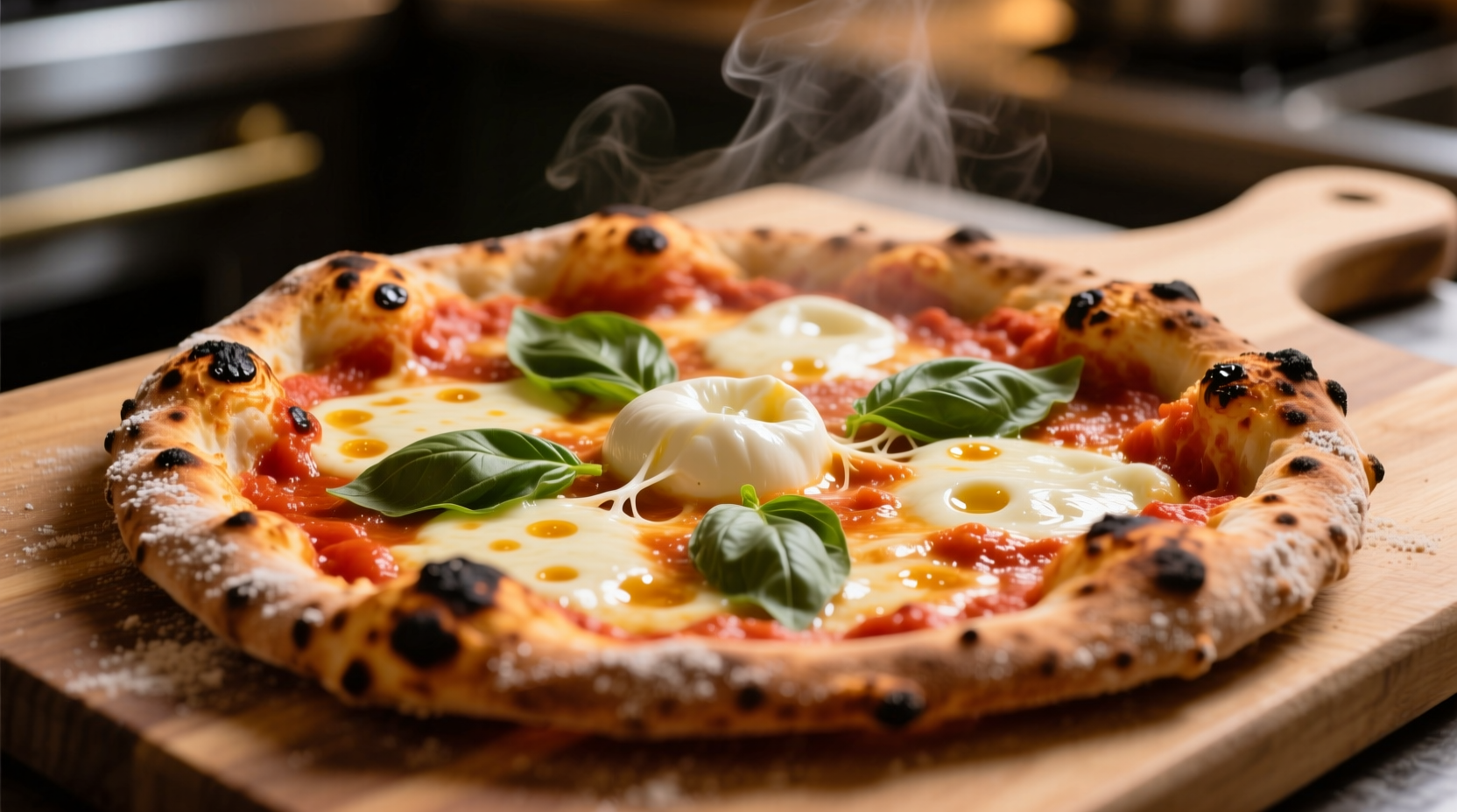 Traditional Neapolitan pizza with bubbling cheese and tomato sauce
